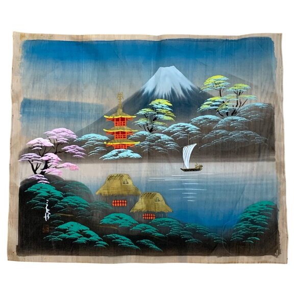 MCM Pair of Hand-Painted Asian Silk Painting: Mt. Fuji, Pagodas, Trees Signed - Picture 7 of 10